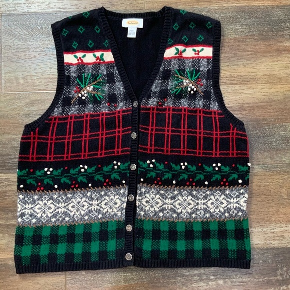 Talbots Jackets & Blazers - Festive Flair: Talbots Vintage Christmas Sweater Vest - Plaid & Holly Embroidery